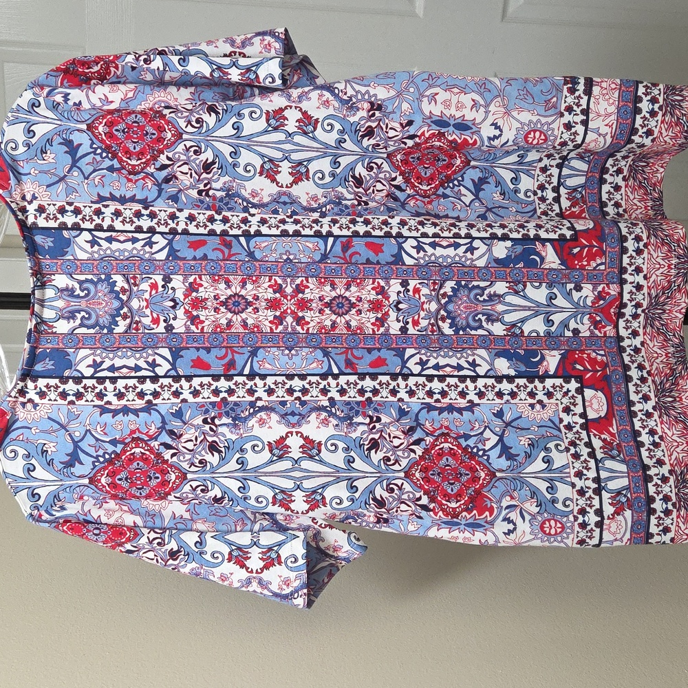 NWT Alia Petite Cotton Blend Printed Top Plus Size Blue Red Boho Short Sleeve - Picture 6 of 6